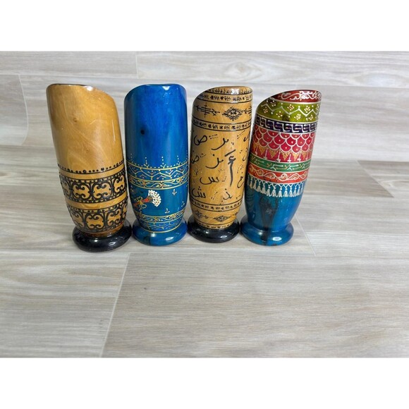 Handmade North Africa Olive Wood 4 Shot Mugs Hand Crafted Glass Mugs Colorful - Picture 1 of 10